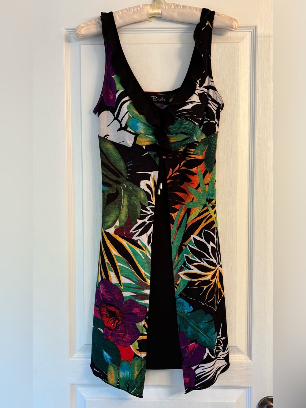 Bali Tropical Floral Tank Dress - Black with Green, Purple & Orange